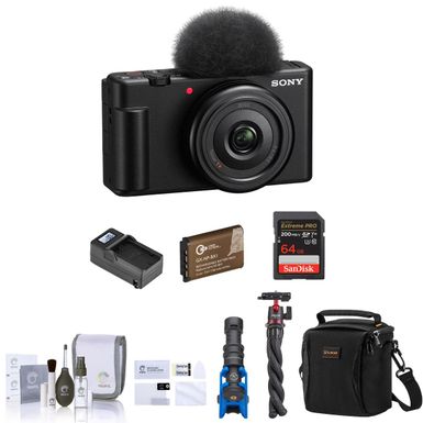 image of Sony ZV-1F Vlogging Camera, Black Bundle with 64GB SD Card, Shoulder Bag, Shotgun Mic, Tripod, Extra Battery, Charger, Cleaning Kit with sku:isozv1fbvk-adorama