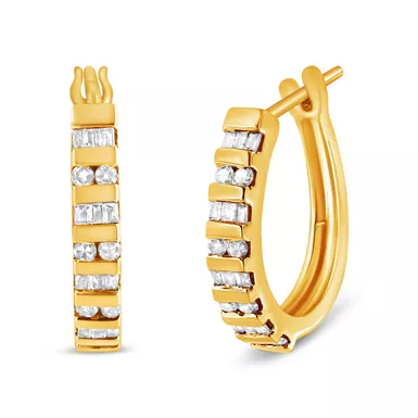 image of 10K Yellow Gold 1/2 Cttw Round and Baguette-Cut Diamond Hoop Earrings (I-J Color, I2-I3 Clarity) with sku:016971eydm-luxcom
