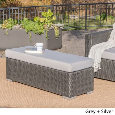 image of Santa Rosa Outdoor Wicker Bench with Cushion by Christopher Knight Home - Grey with sku:eelasnnrtimaoip9korpywstd8mu7mbs-overstock