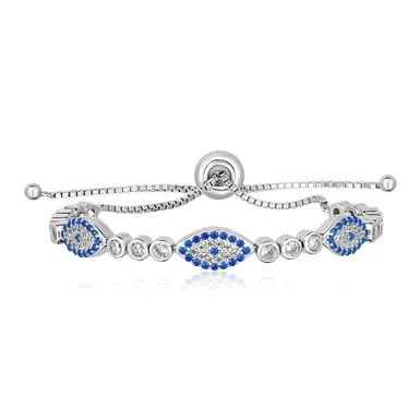 Sterling Silver Adjustable Enameled Evil Eye Bracelet with Cubic Zirconias (9.25 Inch)