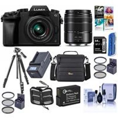 image of Panasonic Lumix DMC-G7 Mirrorless Camera with Lumix G Vario 14-42mm and 45-150mm Lenses Lens, Black - Bundle with Camera Case, 64GB SDXC U3 Card, Spare Battery, Tripod, Software Package, And More with sku:ipcdmcg7k2b-adorama