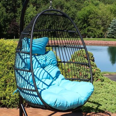 Sunnydaze Julia Hanging Egg Chair with Blue Cushions - 44 Inches Tall - Blue|Blue|Marina Blue