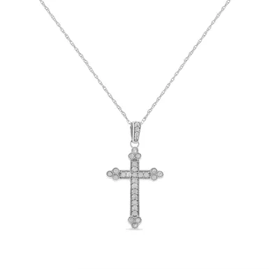 .925 Sterling Silver 1/4 Cttw Prong Set Round-Cut Diamond Cross 18" Pendant Necklace - (I-J Color, I3-Promo Quality)