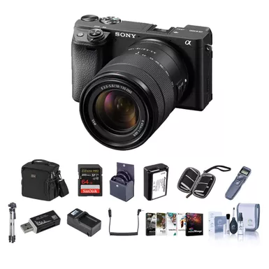 image of Sony Alpha a6400 24.2MP Mirrorless Camera with 18-135mm f/3.5-5.6 OSS Lens - Bundle With Camera Case, 64GB SDHC Card, 55mm Filter Kit, Tripod, Spare Battery, Remote Shutter Trigger, And More with sku:isoa6400k2b-adorama