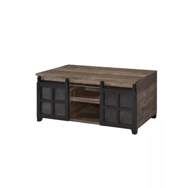 ACME Nineel Coffee Table, Obscure Glass, Rustic Oak & Black Finish