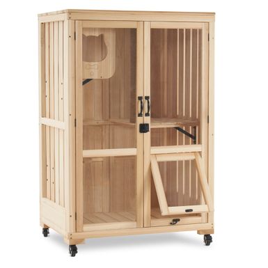 image of Mcombo Luxury Cat House with Scratching Post, Wooden Large Cat Villa with Wheels, Multi-Feature Cat Condo with Escape Door CT83 - Natural with sku:rsxis2vp-hqu0tuvzyh0zwstd8mu7mbs-new-ovr