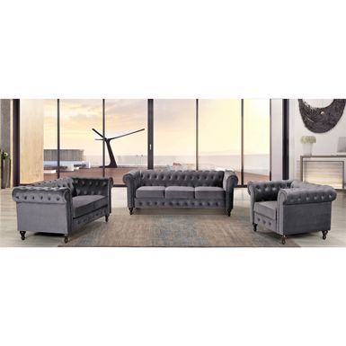 image of Brooks Classic Chesterfield 3-Piece Living Room Set-Chair Loveseat & Sofa - Grey with sku:wiwgpjak1v0adqwqmmdmuqstd8mu7mbs--ovr