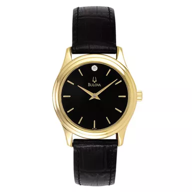 Bulova - Ladies Corporate Collection Gold & Black Leather Strap Watch Black Dial