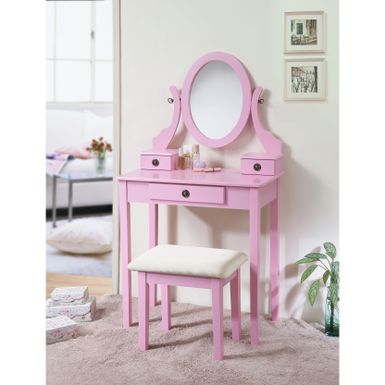 image of Roundhill Furniture Moniys Wood Moniya Makeup Vanity Table and Stool Set - Pink with sku:afwotfe_m9yq1qqpxnaoqastd8mu7mbs-overstock