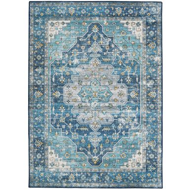 image of Wardley Teal And Ivory 5X7 Washable Area Rug with sku:lfxsr2538-linon