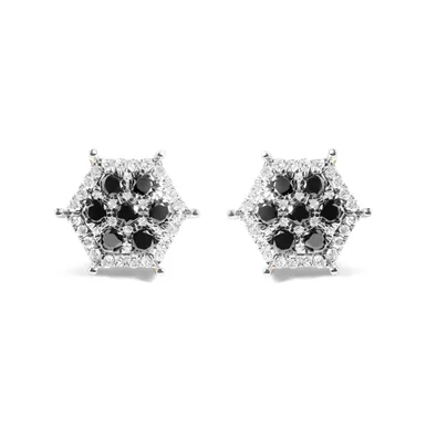 image of Men's 10K Yellow Gold 7/8 Cttw Black Diamond Hexagon and Pinwheel Halo Stud Earring (I-J Color, I2-I3 Clarity) with sku:71-6182ybk-luxcom