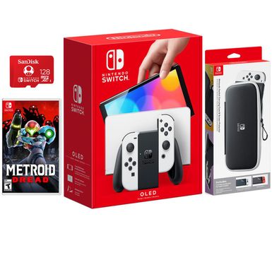 image of Nintendo Switch OLED Console - 64GB - White Joy-Con Controllers - Bundle with Switch Carry Case + Screen Protection + Metroid Dread + SanDisk 128GB UHS-I microSDXC Card with sku:niswioledwa-adorama