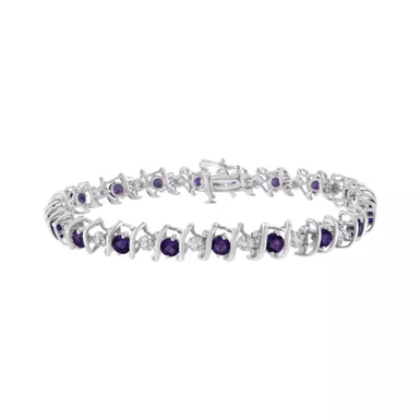 .925 Sterling Silver Lab Created Gemstone and Diamond S-Link Tennis Bracelet (H-I Color, I1-I2 Clarity) - Choice of Gemstone