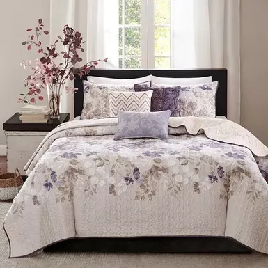 image of Taupe Luna 6 Piece Printed Quilt Set with Throw Pillows Full/Queen with sku:mp13-2122-olliix