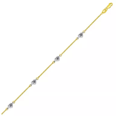 image of 14k Two Tone Gold Anklet with Diamond Cut Heart Style Stations (10 Inch) with sku:d186387-10-rcj