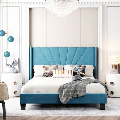 image of Queen Size Velvet Upholstered Platform Bed, Box Spring Needed - Blue - Queen with sku:z4xiswkiq2-c-thr55fjogstd8mu7mbs-overstock