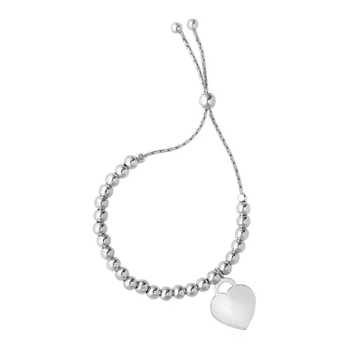 Adjustable Shiny Bead Bracelet with Heart Charm in Sterling Silver (9.25 Inch)