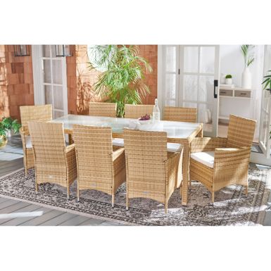 image of SAFAVIEH Outdoor Hailee 9-Piece Wicker Dining Set - Natural/White Cushion with sku:k2cemdpppzmypfyf-9f5dwstd8mu7mbs-overstock