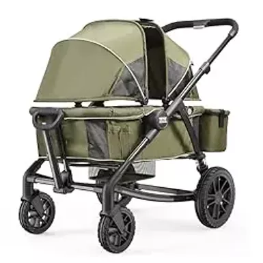 image of VEVOR All-Terrain Stroller Wagon, 2 Seats Foldable Expedition 2-in-1 Collapsible Wagon Stroller, includes Canopy, Parent Organizer, Snack Tray & Cup Holders, 55lbs for Single Seat, Olive Green with sku:b0d875yy4l-amazon