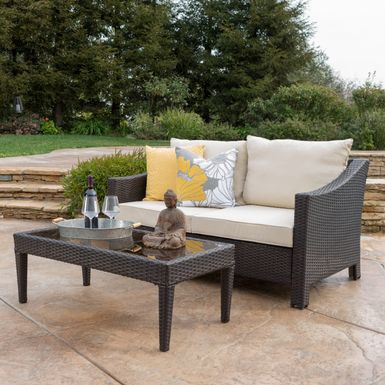 image of Antibes Outdoor 2-piece Wicker Sofa Set with Cushions by Christopher Knight Home - Brown with Beige with sku:bem8ktr6qejvemc4sqtwqqstd8mu7mbs-overstock