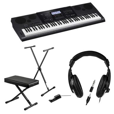 image of Casio WK-7600 76-Key Workstation Keyboard, 820 Tones, 64 Note Polyphony, Backlit LCD Display Bundle With Keyboard Stand Bench, QH-200 Stereo Headphones with sku:cswk7600a-adorama