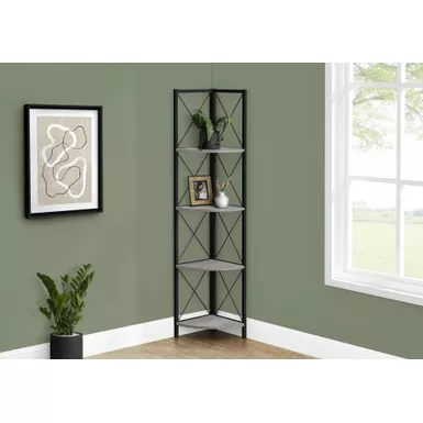 image of Bookshelf/ Bookcase/ Etagere/ Corner/ 4 Tier/ 60"H/ Office/ Bedroom/ Metal/ Laminate/ Grey/ Black/ Contemporary/ Modern with sku:i-3647-monarch