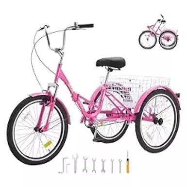 image of VEVOR Folding Adult Tricycle, 26-Inch Adult Folding Trikes, Carbon Steel 3 Wheel Cruiser Bike with Large Basket & Adjustable Seat, Shopping Picnic Foldable Tricycles for Women, Men, Seniors (Pink) with sku:b0cz87jc2b-amazon