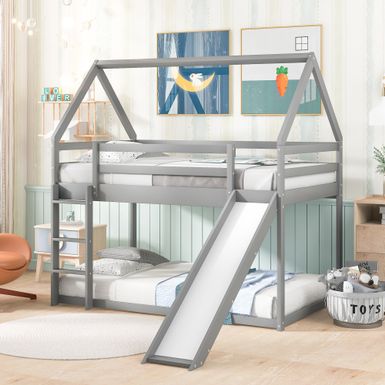 image of Nestfair Twin Size Bunk House Bed with Convertible Slide and Ladder - Grey with sku:j5x4t46zqxpss45omdnvowstd8mu7mbs--ovr