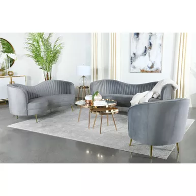 Sophia Upholstered Loveseat with Camel Back Grey and Gold