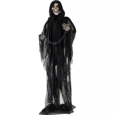 Life-Size Animatronic Grim Reaper with Chain and Rotating Head, Indoor or Covered Outdoor Halloween Decoration