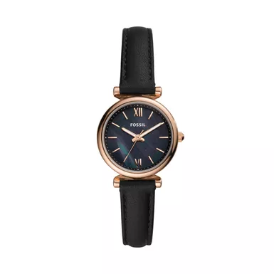 image of Fossil - Ladies Carlie Mini Rose Gold & Black Leather Strap Watch Black Dial with sku:es4700-powersales