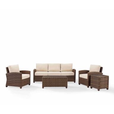 image of Crosley Furniture Bradenton 5-Piece Outdoor Wicker Sofa Conversation Set with Sand Cushions - Sofa, Two Arm Chairs, Side Table & Glass Top Table with sku:64xqo8pb_vzl2ka7e8go0qstd8mu7mbs-overstock