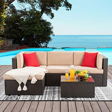 image of Shintenchi Wicker Conversation DSF 5 Pieces Sectional Patio Furniture Sets, Neutral with sku:b09j4b7zcs-shi-amz