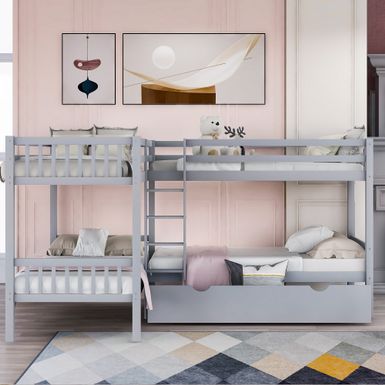 image of Twin L-Shaped Bunk bed with Drawers - Grey with sku:ydtrakowsz2ejas0xyajcgstd8mu7mbs-overstock