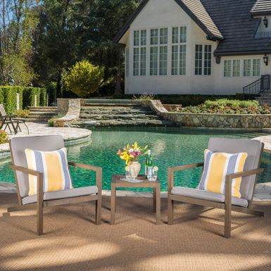 image of Leah Outdoor 3-piece Acacia Wood Chat Set with Cushions by Christopher Knight Home - Grey Finish + Grey with sku:r4uru32eucbvdmzpdxgmlwstd8mu7mbs-chr-ovr