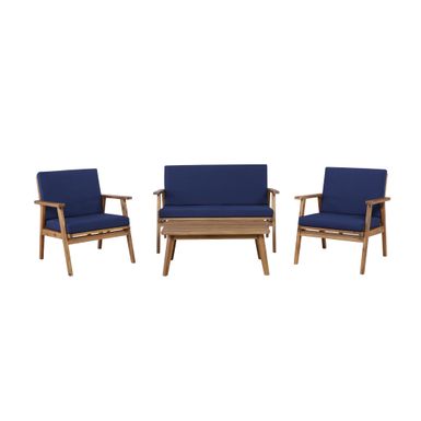 image of Kimbrel Outdoor Chat 4 piece Seating Set with Blue Cushions with sku:lfxs1078-linon