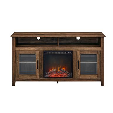 image of Walker Edison - 58" Tall Glass Two Door Soundbar Storage Fireplace TV Stand for Most TVs Up to 65" - Rustic Oak with sku:bb20871299-6453388-bestbuy-walkeredison