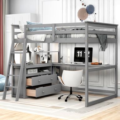 Rent to own Nestfair Full Size Loft Bed with Desk and Shelves - Grey ...