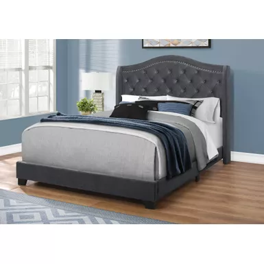 Bed - Queen Size / Dark Grey Velvet With Chrome Trim