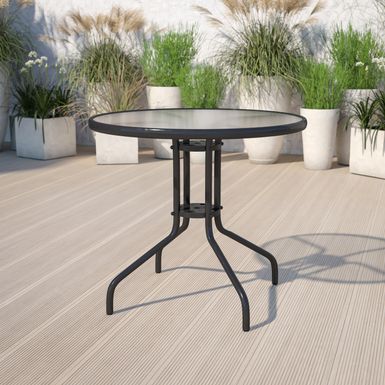 image of 31.5" Round Tempered Glass Metal Table with Smooth Ripple Design Top - Clear/Black with sku:cmwzazexo2wg-o6tqrzffastd8mu7mbs-overstock
