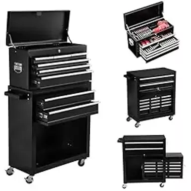 SumKea 8 Drawer Rolling Tool Chest and 2 Lockers, Tool Box with Wheels, Detachable Storage Cabinet Rolling Tool Box, Tool Box for Garage With and Side Handles for Garage Workshop, Black