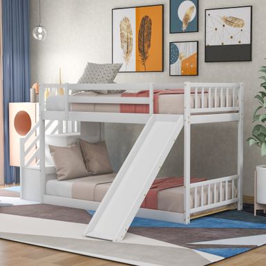 image of Nestfair Twin Over Twin Bunk Bed with Convertible Slide and Stairway - White with sku:ghokdo0m98dmom2kwuurhqstd8mu7mbs-overstock