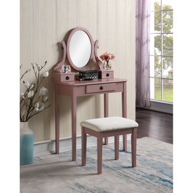 image of Roundhill Furniture Moniys Wood Moniya Makeup Vanity Table and Stool Set - Rose Gold with sku:jaf1k8sdha6irjcmhxoddastd8mu7mbs-overstock