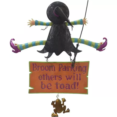 31-In. Broom Parking Others Will Be Toad Funny Halloween Sign with Crashing Witch for Door or Wall Hanging