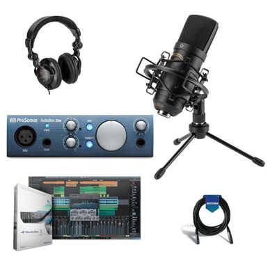 image of PreSonus AudioBox iOne 2x2 USB 2.0 / iPad Recording Interface with 1 Mic Input - Bundle With Microphone with Shock Mount and Tabletop Stand, Studio Monitor Headphones, XLR M to F Cable 10' with sku:psabiok1-adorama
