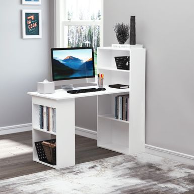 image of HOMCOM Compact Computer Desk: 6-Tier Storage Shelves, Writing Table Workstation with Bookshelf - White with sku:yliz-sgszlyvt8d3xb-teqstd8mu7mbs-overstock
