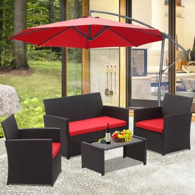 image of Ainfox 4 Pcs Rattan Sofa Set Patio Furniture - Red with Umbrella with sku:xkbnbzv5pouhpvvyy-uc5gstd8mu7mbs--ovr
