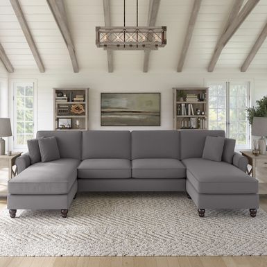 Hudson Sectional Couch with Double Chaise Lounge by Bush Furniture - Cream Herringbone