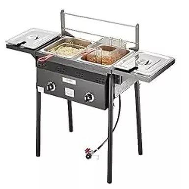 image of VEVOR Two-Tank Propane Deep Fryer, Commercial Deep Fryer, 16 Qt Stainless Steel Cooker with 2 Removable Baskets & Lids & Tanks, Oil Fryer Cart with Thermometer & Regulator, For Outdoor Cooking with sku:b0cppr2w8n-amazon