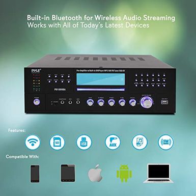 image of 4-Channel Wireless Bluetooth Power Amplifier - 1000W Stereo Speaker Home Audio Receiver W/FM Radio, USB, Headphone, 2 Microphone with Echo for Karaoke, Led, Rack Mount Sound System - Pyle PD1000BA with sku:b07pcshh6m-pyl-amz